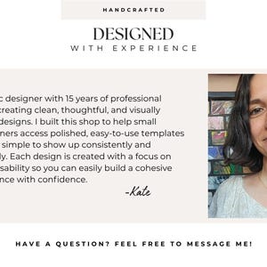 May include: A graphic design shop introduction featuring the text HANDCRAFTED DESIGNED WITH EXPERIENCE, a paragraph describing 15 years of professional experience, a signature from Kate, and a portrait of a person with dark hair and a gold necklace.