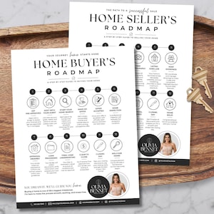 May include: Two white informational sheets titled Home Buyer's Roadmap and Home Seller's Roadmap with black text, icons, and a numbered step-by-step process. The documents feature a circular photo of a person and contact details at the bottom.
