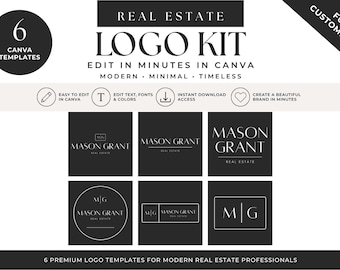 Real Estate Logo Kit Canva Template, Minimalist Modern Luxury, 6 Logo Designs, Editable Brand Kit for Brokers, Interior Design, Property