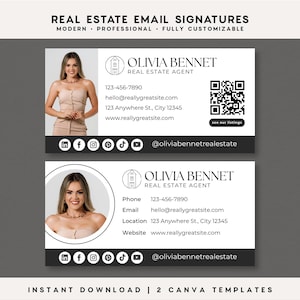 Può includere: Due modelli di firma e-mail digitale per un agente immobiliare di nome Olivia Bennet. Ogni modello presenta una foto, dettagli di contatto, un codice QR e icone social. Il testo include nome, titolo, numero di telefono e indirizzo.