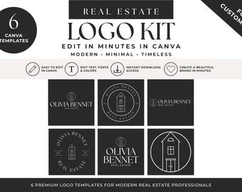 Real Estate Logo Kit Canva Template, 6 Logo Designs, Editable Brand Kit for Brokers, Interior Design, Property Brands, Luxury Modern BH1