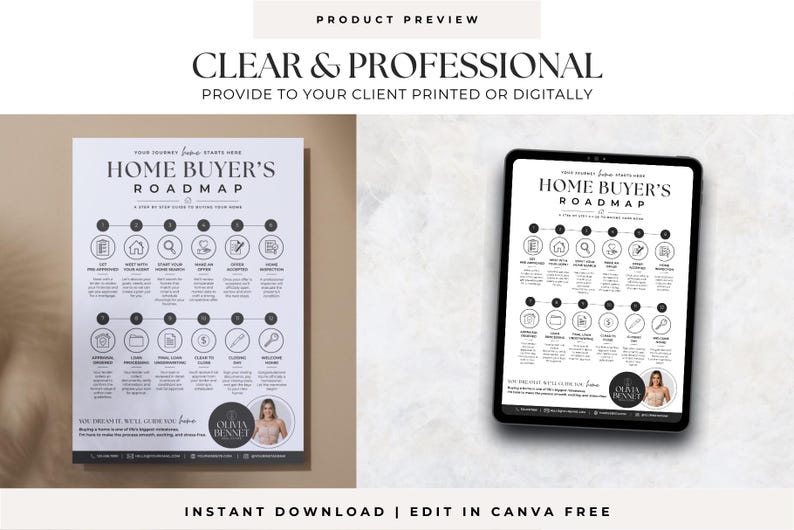 May include: A Home Buyer's Roadmap document displayed in both a printed format and on a digital tablet screen. The document features a step-by-step guide with icons, text, and a circular profile photo of a person labeled Olivia Bennet.