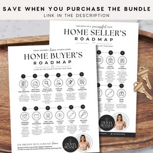 May include: Two white informational sheets titled Home Buyer's Roadmap and Home Seller's Roadmap with black text and circular icons outlining real estate processes. Two gold-colored metal keys are placed next to the documents on a wooden tray.