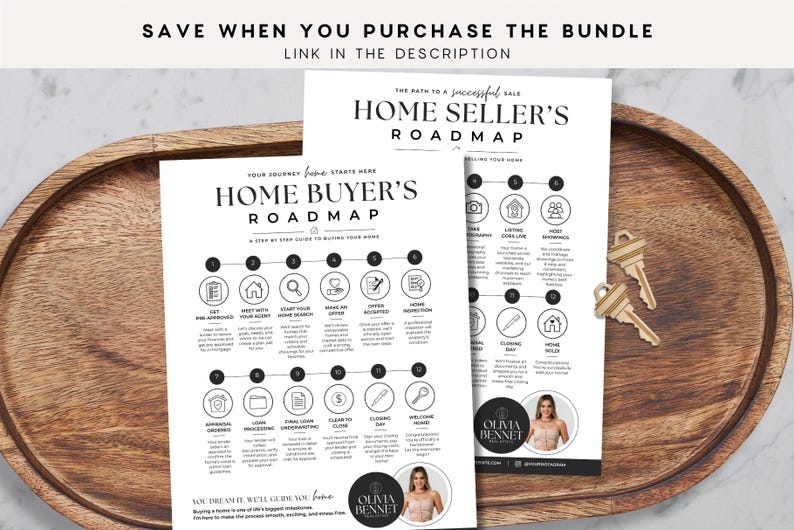 May include: Two white informational sheets titled Home Buyer's Roadmap and Home Seller's Roadmap with black text and circular icons outlining real estate processes. Two gold-colored metal keys are placed next to the documents on a wooden tray.
