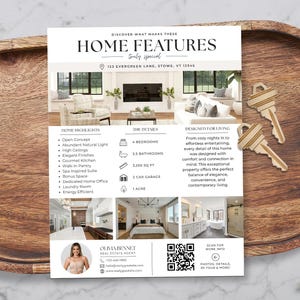 May include: A real estate flyer titled DISCOVER WHAT MAKES THESE HOME FEATURES truly special, featuring a living room photo, property details, a QR code, and contact information for Olivia Bennet, placed on a wooden tray with two brass keys.