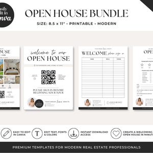 Pode incluir: Um pacote de modelos para open house com quatro documentos imprim&iacute;veis de 21,6 x 27,9 cm em preto e branco, incluindo um folheto imobili&aacute;rio, uma placa de boas-vindas com c&oacute;digo QR, uma lista de presen&ccedil;a e um formul&aacute;rio de feedback.