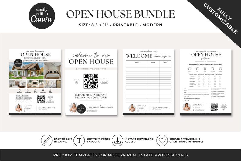 Pode incluir: Um pacote de modelos para open house com quatro documentos imprim&iacute;veis de 21,6 x 27,9 cm em preto e branco, incluindo um folheto imobili&aacute;rio, uma placa de boas-vindas com c&oacute;digo QR, uma lista de presen&ccedil;a e um formul&aacute;rio de feedback.