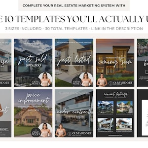 May include: A digital marketing template set for real estate featuring ten distinct designs with text overlays like Open House, Just Sold, and Testimonial. The layouts include placeholders for property photos, agent headshots, and contact information.