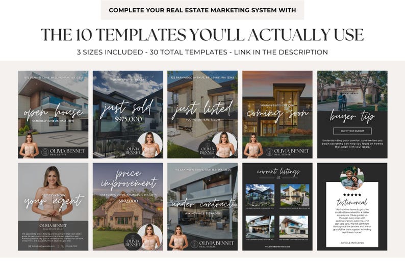 May include: A digital marketing template set for real estate featuring ten distinct designs with text overlays like Open House, Just Sold, and Testimonial. The layouts include placeholders for property photos, agent headshots, and contact information.