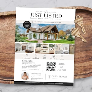 Puede incluir: Un folleto inmobiliario titulado JUST LISTED que muestra una foto de una casa, imágenes de interiores, detalles de la propiedad, un código QR y datos de contacto de Olivia Bennet, sobre una bandeja de madera con dos llaves de latón.