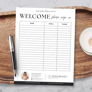 Puede incluir: Una hoja de registro blanca con texto negro que dice "WELCOME please sign in" y "YOUR DREAM HOME AWAITS" en la parte superior. El documento incluye columnas para nombre, correo electrónico y teléfono, con una foto de un agente inmobiliario.