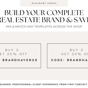 Pode incluir: Um gr&aacute;fico promocional com o texto DISCOUNT CODES, BUILD YOUR COMPLETE REAL ESTATE BRAND & SAVE, MIX & MATCH ANY TEMPLATES ACROSS THE SHOP, e duas caixas com c&oacute;digos: BUY 2 GET 20% OFF CODE: BRANDHAVEN20 e BUY 3 GET 30% OFF CODE: BRANDHAVEN30.