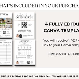 Pode incluir: Quatro modelos Canva edit&aacute;veis para materiais de marketing de open house, incluindo um folheto, folha de presen&ccedil;a e formul&aacute;rio de feedback. O texto diz 4 FULLY EDITABLE CANVA TEMPLATES e o tamanho &eacute; 21,59 cm x 27,94 cm.