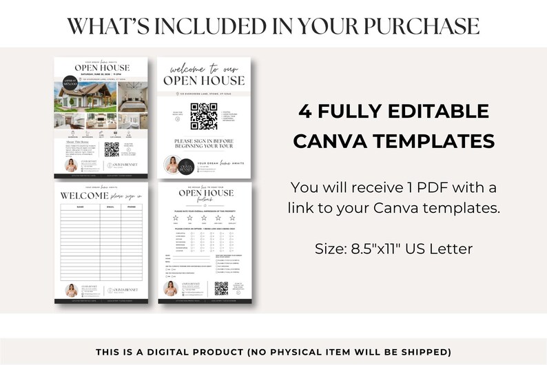 Pode incluir: Quatro modelos Canva edit&aacute;veis para materiais de marketing de open house, incluindo um folheto, folha de presen&ccedil;a e formul&aacute;rio de feedback. O texto diz 4 FULLY EDITABLE CANVA TEMPLATES e o tamanho &eacute; 21,59 cm x 27,94 cm.