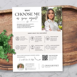 Peut inclure: Un dépliant immobilier blanc présentant le portrait professionnel d'une femme, le texte Why Choose Me As Your Agent, ainsi que des sections détaillant les services clients, un code QR et les coordonnées de l'agent immobilier Olivia Bennet.