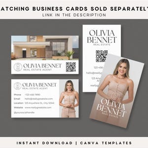 May include: Three rectangular business card templates for a real estate agent named Olivia Bennet. The designs feature a photograph of a modern house, a portrait of a person, contact information, a QR code, and the text Olivia Bennet Real Estate Agent.