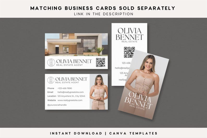 May include: Three rectangular business card templates for a real estate agent named Olivia Bennet. The designs feature a photograph of a modern house, a portrait of a person, contact information, a QR code, and the text Olivia Bennet Real Estate Agent.