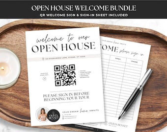 Open House Welcome Sign Canva Template | QR Code Real Estate Sign | Open House Sign In Sheet | Editable Bundle | Luxury Agent Marketing BH1