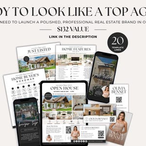 May include: A digital marketing bundle for real estate agents featuring various templates including flyers, business cards, and social media graphics. The text reads READY TO LOOK LIKE A TOP AGENT, 20 TEMPLATE LINKS, JUST LISTED, HOME FEATURES, and OPEN HOUSE.