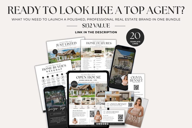 May include: A digital marketing bundle for real estate agents featuring various templates including flyers, business cards, and social media graphics. The text reads READY TO LOOK LIKE A TOP AGENT, 20 TEMPLATE LINKS, JUST LISTED, HOME FEATURES, and OPEN HOUSE.