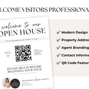 Pode incluir: Um modelo de placa para casa aberta com o texto welcome to our OPEN HOUSE, um c&oacute;digo QR e uma sec&ccedil;&atilde;o para a marca do agente. O layout inclui marcadores de posi&ccedil;&atilde;o para o endere&ccedil;o da propriedade, informa&ccedil;&otilde;es de contacto e instru&ccedil;&otilde;es.