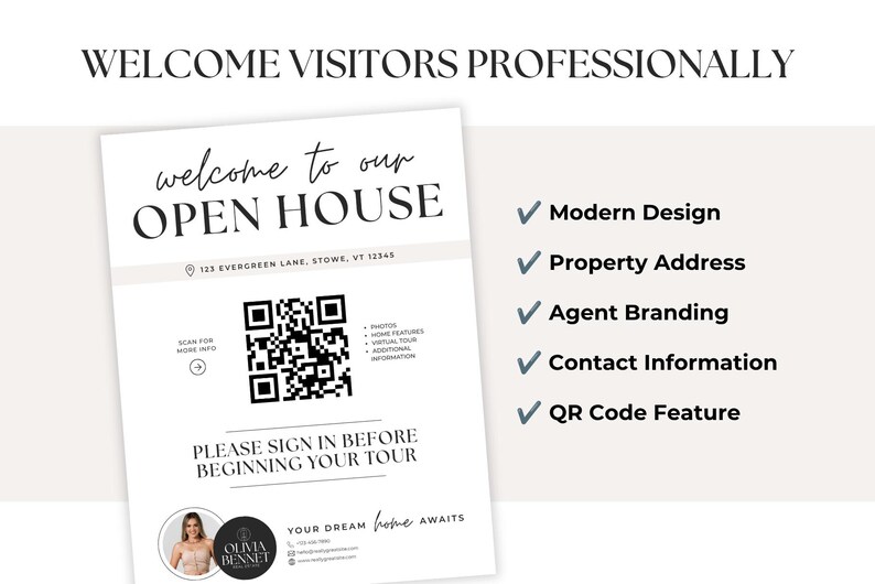 Pode incluir: Um modelo de placa para casa aberta com o texto welcome to our OPEN HOUSE, um c&oacute;digo QR e uma sec&ccedil;&atilde;o para a marca do agente. O layout inclui marcadores de posi&ccedil;&atilde;o para o endere&ccedil;o da propriedade, informa&ccedil;&otilde;es de contacto e instru&ccedil;&otilde;es.