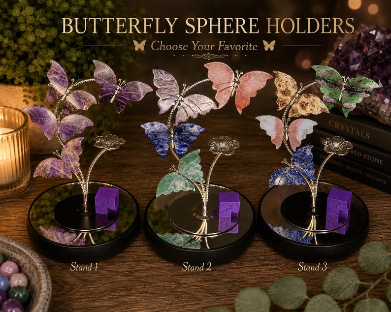Crystal Butterfly Sphere Holder | Metal Gemstone Ball Display Stand afbeelding 1
