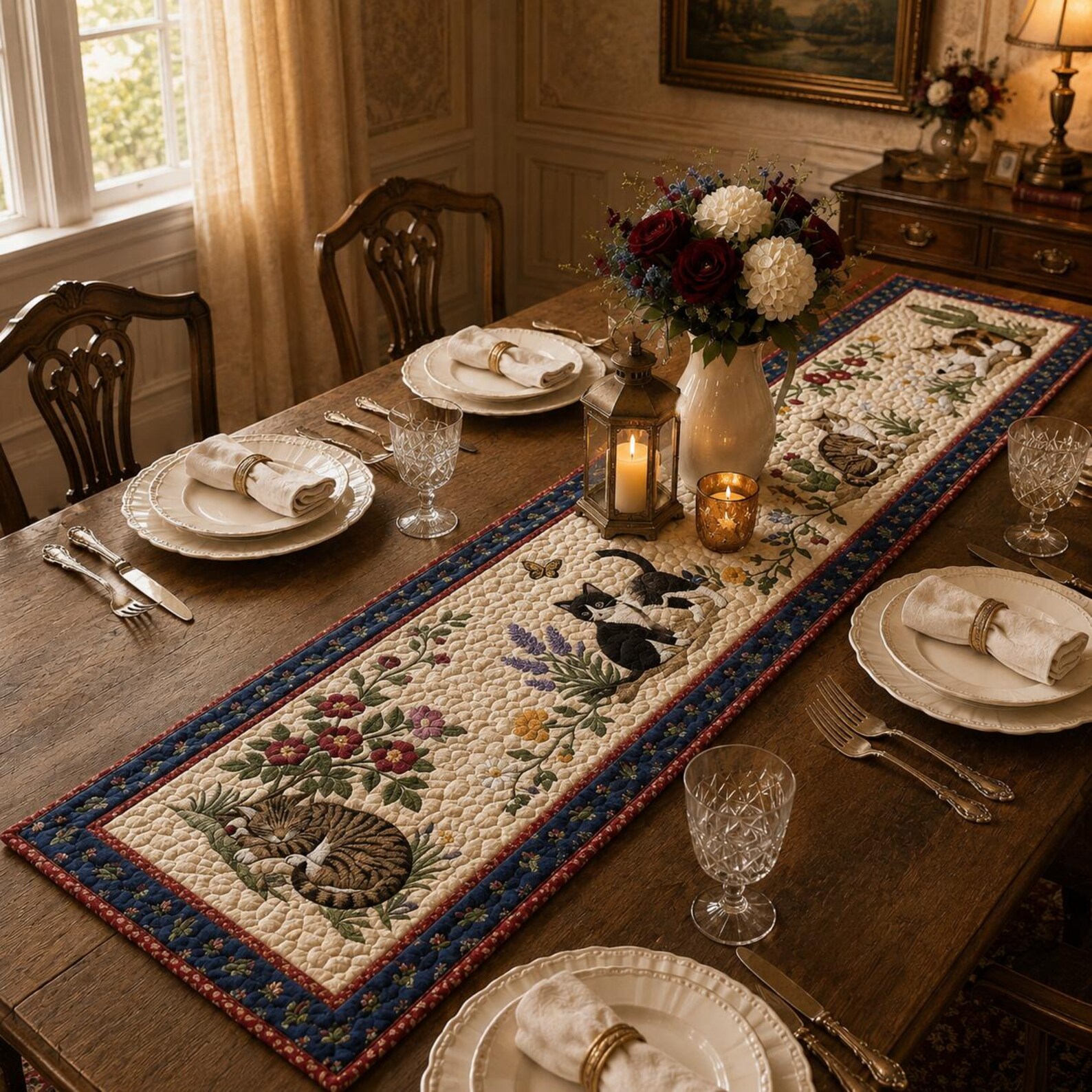 Vintage Cat Garden Quilted Table Runner, Cottagecore Floral Dining Decor, Farmhouse Cat Lover Gift, Padded Rustic Table Decor - M(35x183cm)