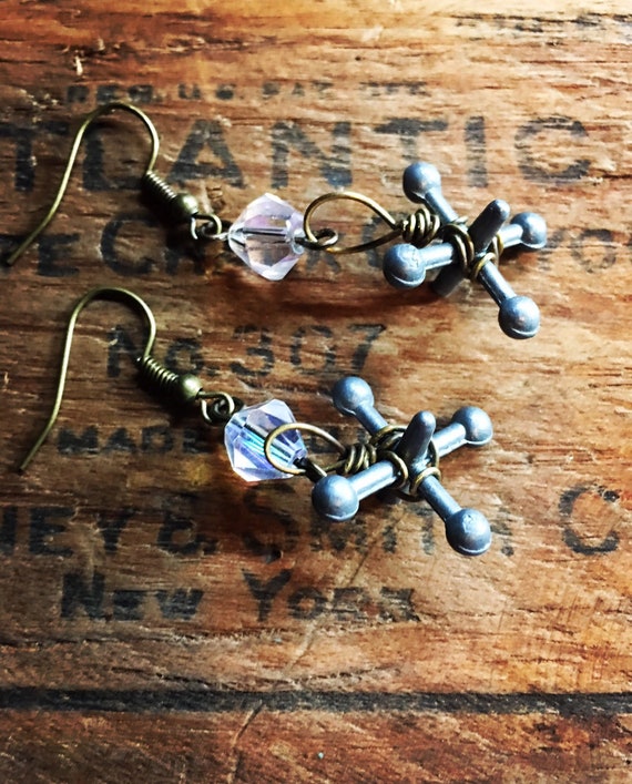 Repurposed vintage metal jacks earrings with ab crystal