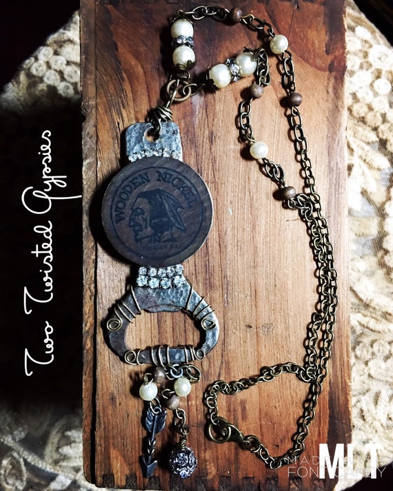 Upcycled Vintage Bottle Opener, Wooden Nickle, Black and wooden beading, OOAK, one of a kind, unique necklace, assemblage necklace.
