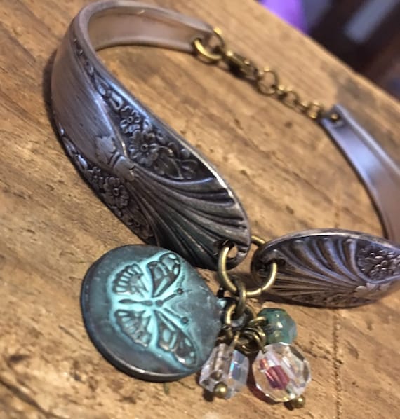 Unique Vintage Spoon Handle, Flatware Bracelet with butterfly charm and shades of teal blue and AB Swarovski crystal