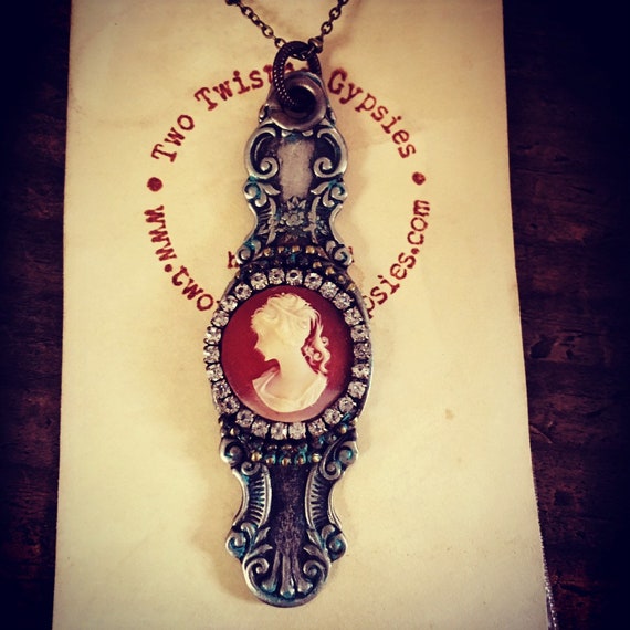 One of a kind assemblage necklace, flatware jewelry, Spoon Handle Necklace, Cameo Jewelery,Boho Style