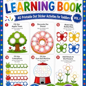 Könnte beinhalten: Ein farbenfrohes "Little Sticker Learning Book" für Kleinkinder mit 40 ausdruckbaren Punktaufkleber-Aktivitäten. Das Cover zeigt verschiedene Aktivitäten, darunter das Ausfüllen von Apfelbäumen, das Dekorieren eines Donuts und das Zuordnen von Schmetterlingen. Das Buch verwendet 1,9 cm Punktaufkleber.