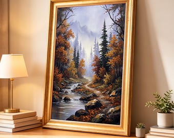 May include: A framed landscape painting depicting a forest scene with a flowing stream, rocky banks, and autumn-colored trees under a misty sky. The artwork is enclosed in a decorative gold-toned frame, showcasing a vertical orientation.