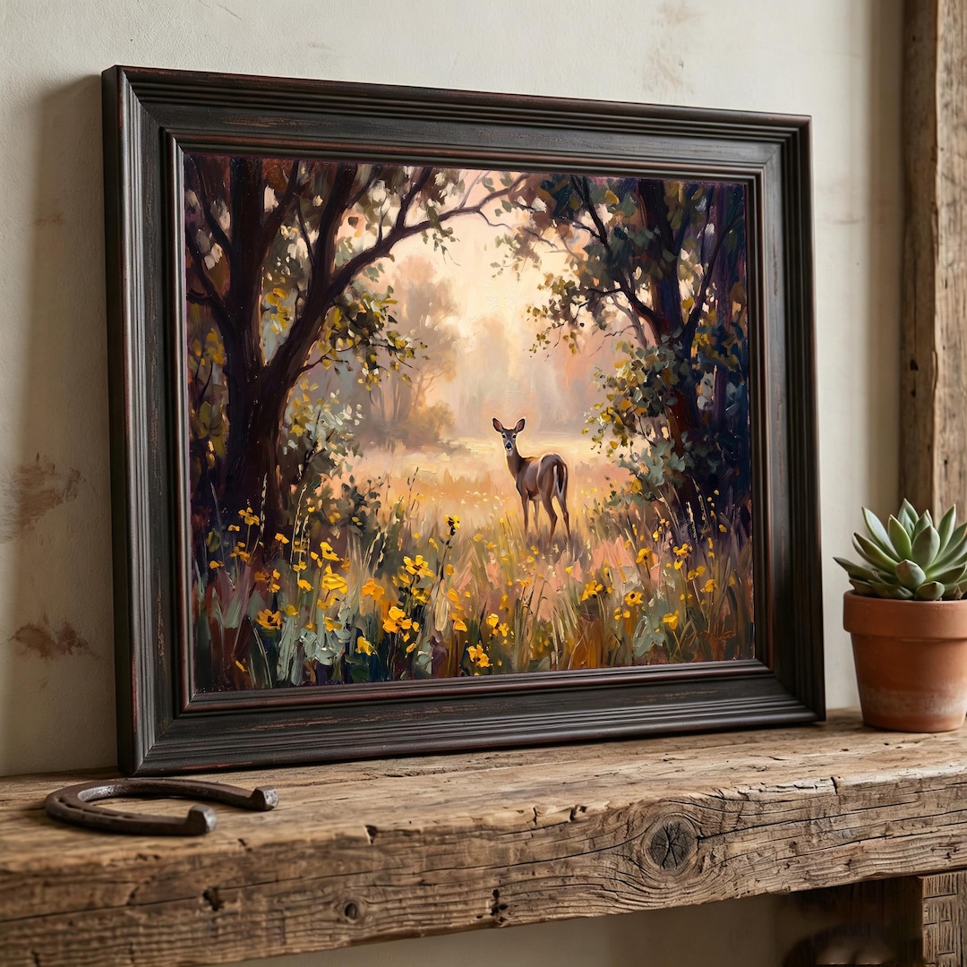 Deer in Sunlit Forest Art Print | Vintage Style Woodland Wall Decor - Etsy