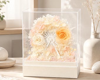 Regalo de flores preservadas para ella, regalo de cumpleaños o aniversario, arreglo floral eterno hecho a mano, decoración de noria en tonos melocotón y marfil.