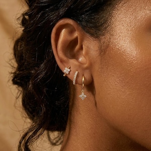 Trio de boucles d'oreilles créoles dorées | Puces et créoles hypoallergéniques | Boucles d'oreilles cartilage hélix | Cadeau pour elle