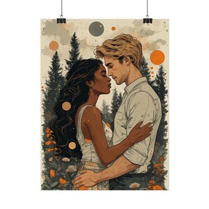May include: A romantic art print featuring a couple embracing, set against a backdrop of a forest and flowers. The artwork showcases a man and woman in a tender moment, with soft colors and a vintage aesthetic. The print is held by two black clips.