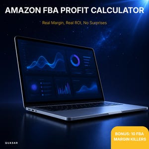 May include: A silver laptop displays a dashboard with data visualizations, including charts and graphs. The screen shows the text "AMAZON FBA PROFIT CALCULATOR" and "Real Margin, Real ROI, No Surprises." A yellow box in the corner reads "BONUS: 10 FBA MARGIN KILLERS."
