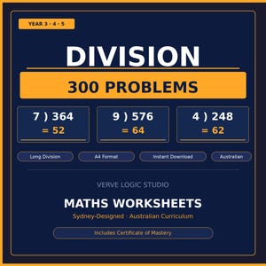 Feuilles de travail de division imprimables | 300 problèmes de mathématiques | Année 3 4 5 | Programme d'études australien | École à la maison | Téléchargement instantané PDF