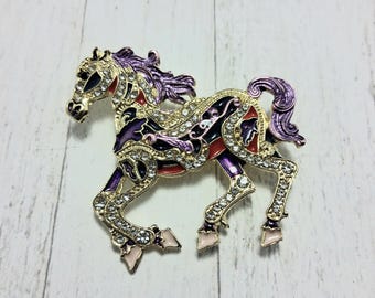 Purple, Red  and Gold Rhinestone Horse Brooch, Vintage Style, Western Cowboy