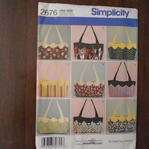 May include: A Simplicity 2676 sewing pattern envelope for a one-size tote bag. The front displays nine variations of the bag featuring different fabric patterns, colors, and strap styles. The text includes the brand name, pattern number, and designer name.