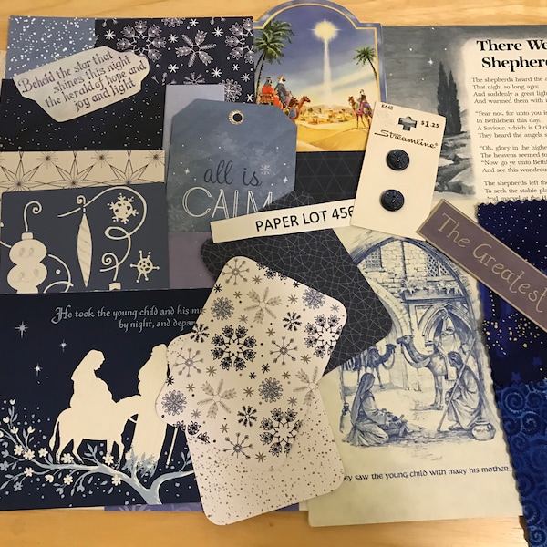 35 Pieces Blue Christmas Inspiration  Pack, Cardstock, Vintage Card Fronts, Lace, Snowflakes, Diecuts, Junk Journals, Tags, Paper Lot 456