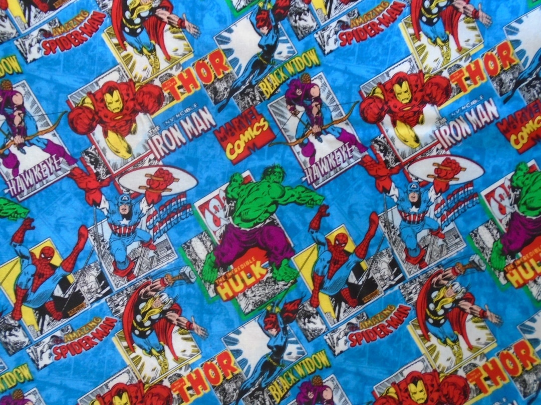 3/4 Yard Super Heros Fabric, Marvel Comics Heros, Hulk, Iron Man, Thor ...
