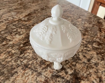 1 Vintage Westmoreland Covered Candy Dish with Lid, 3 Footed, Paneled Grape, PG 103, Milk Glass