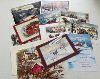 12 USED Vintage Christmas Cards, Fronts Only, Red Mail Stage Coach, Red Sleighs, Snow Scenes, Horses, Journals, Ephemera, Paper Lot 716