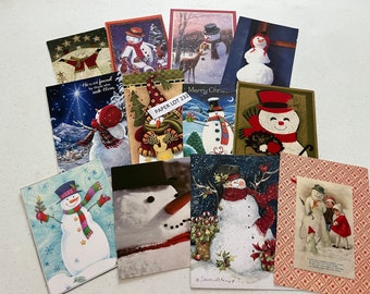 12 Used Christmas Card FRONTS Only, Snowmen, Whimsical, Glitter, Country, Christmas Scenes, Scrapbook, Card Making, Journals, Paper Lot 232