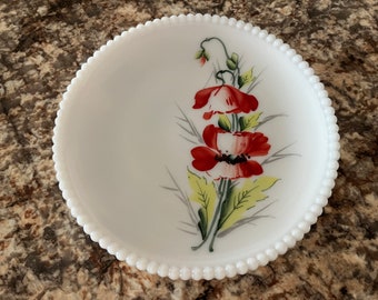 Vintage Westmoreland Beaded Edge Plate with Red Flowers, Milkglass Milk Glass, Hand Painted