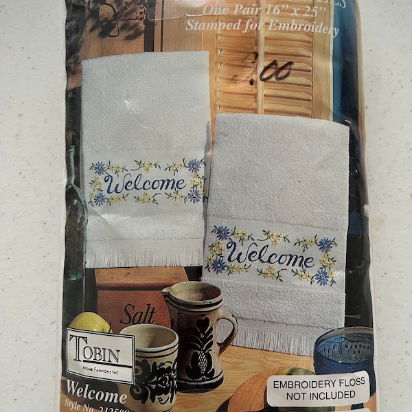 1 Package Terry Kitchen Towels Stamped WELCOME for Embroidery, Tobin Home Fashions