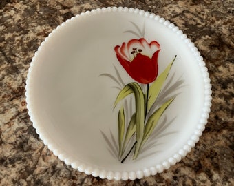 Vintage Westmoreland Beaded Edge Plate with Red Flower, Milkglass Milk Glass, Hand Painted